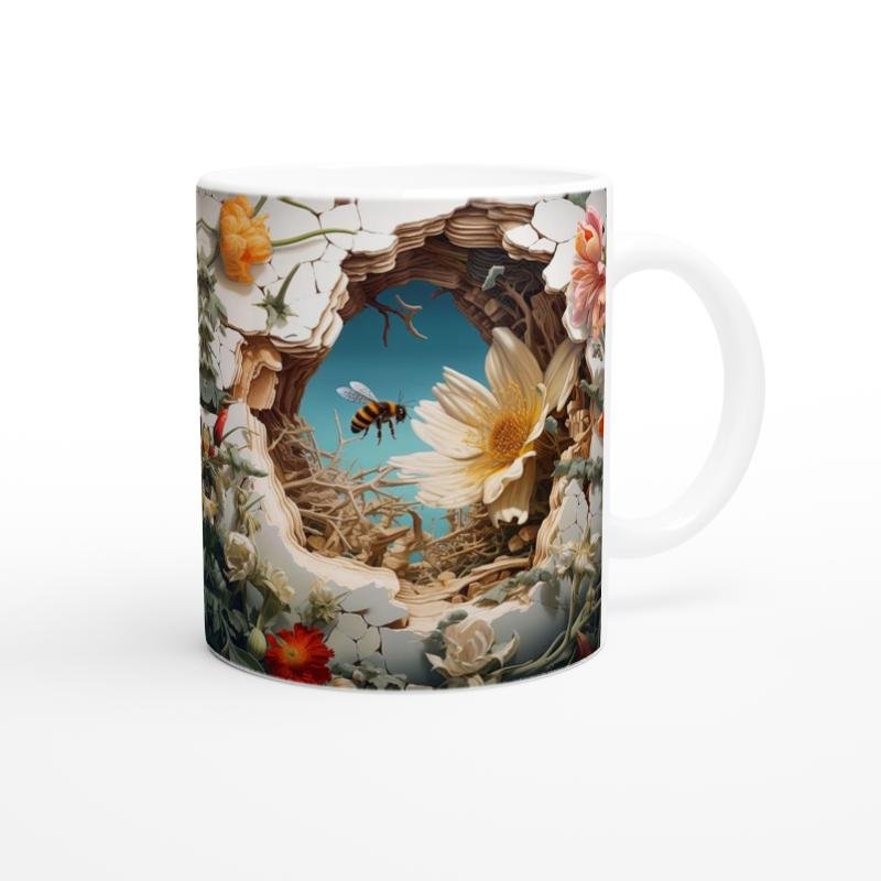 Çatlak Duvardan Uçan Arılar ve Bahar Çiçekleri Temalı Baskılı Kupa Bardak - 2