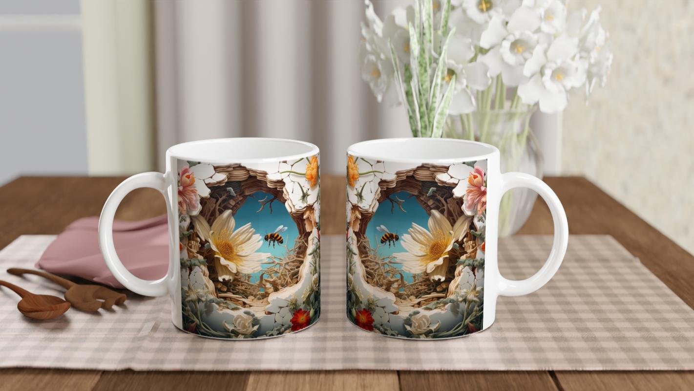 Çatlak Duvardan Uçan Arılar ve Bahar Çiçekleri Temalı Baskılı Kupa Bardak - 5