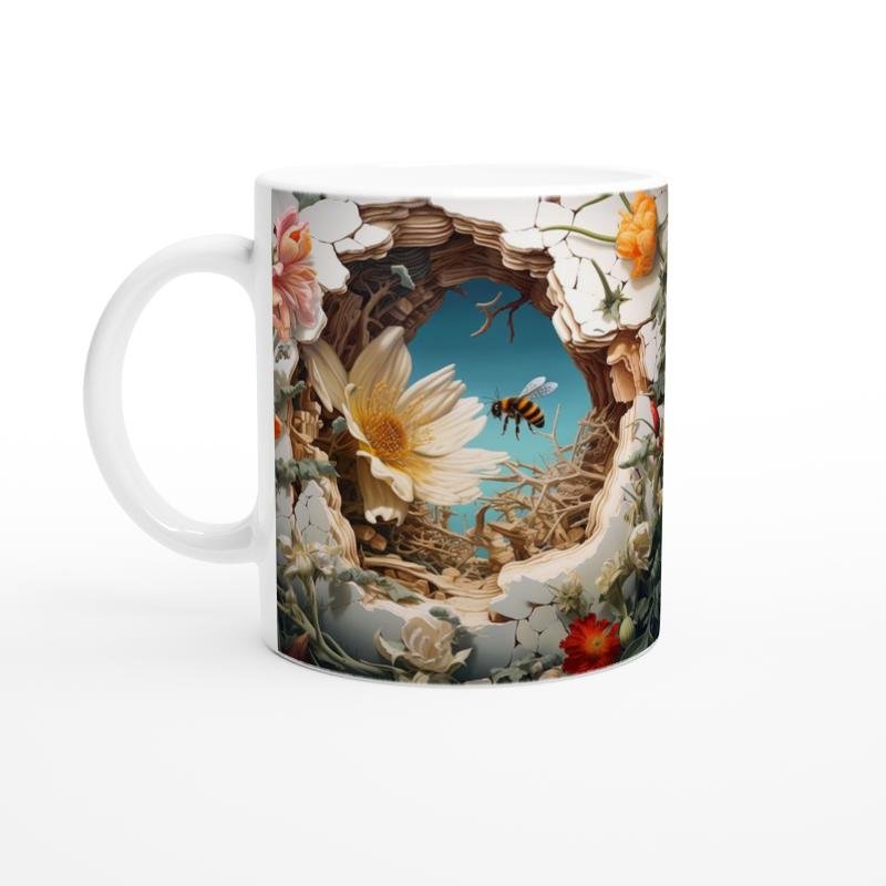 Çatlak Duvardan Uçan Arılar ve Bahar Çiçekleri Temalı Baskılı Kupa Bardak