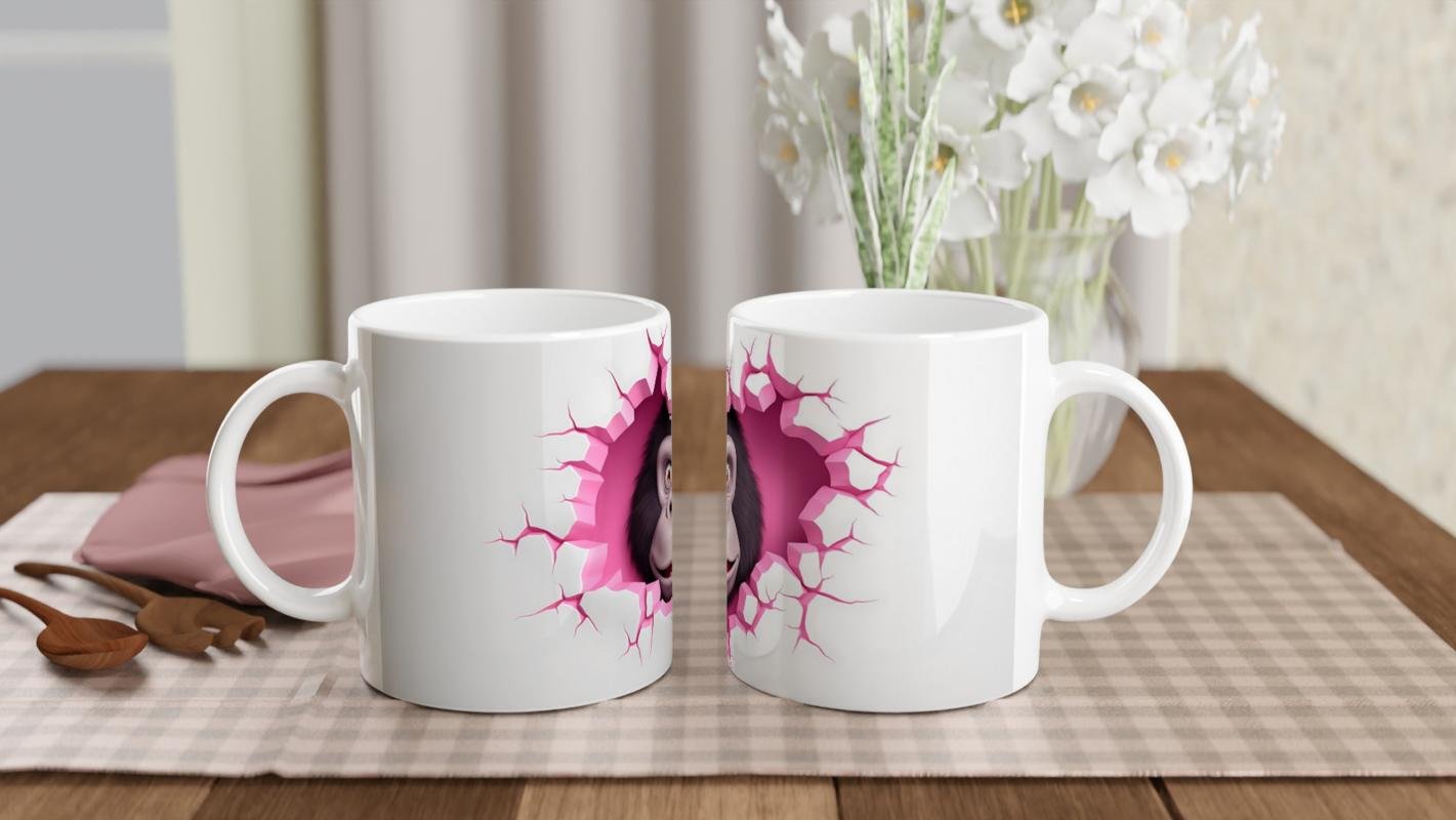 Çatlak Kalpli Duvardan Bakan Gülümseyen Goril Temalı Baskılı Kupa Bardak - 5