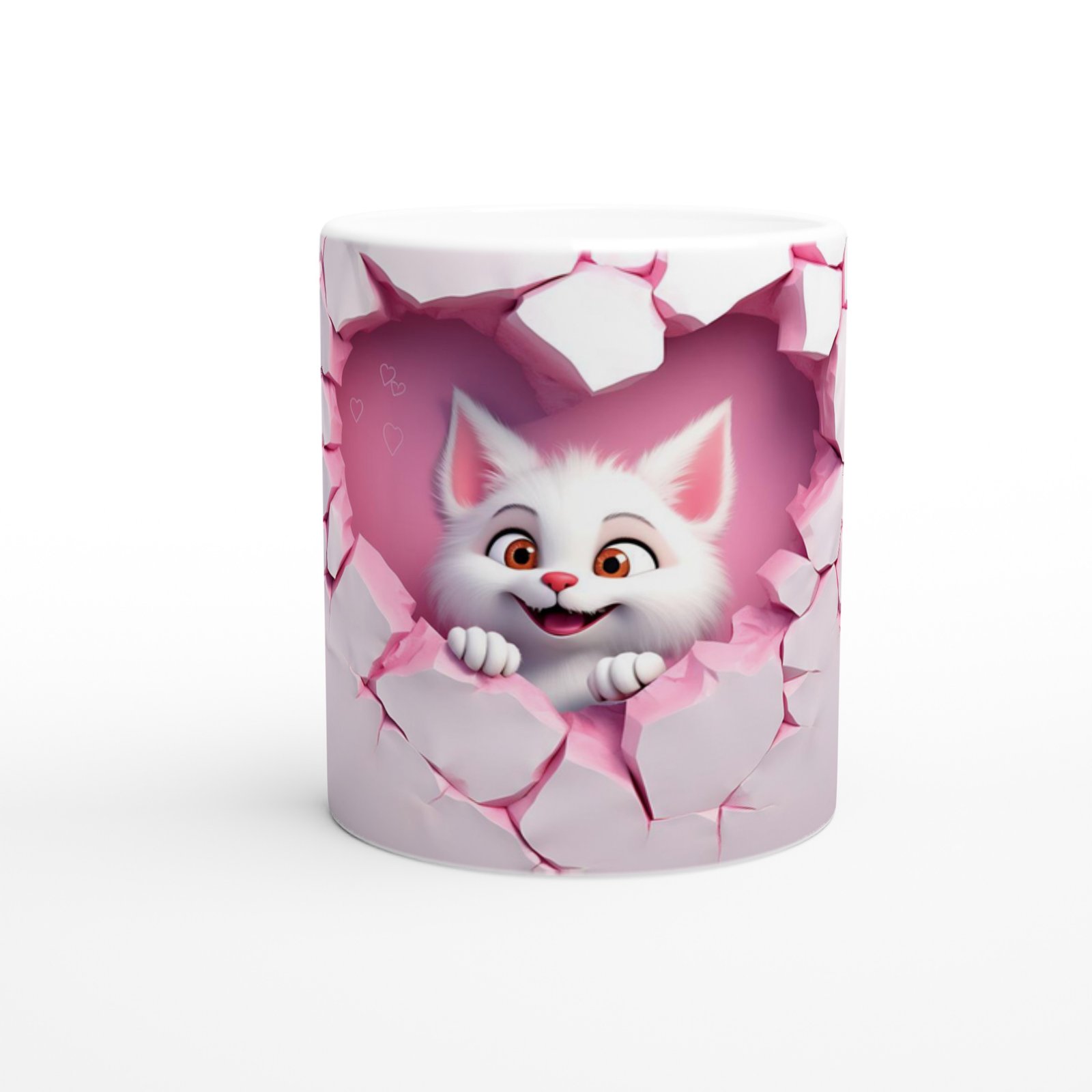 Çatlak Kalpten Bakan Sevimli Beyaz Kedi Temalı Baskılı Kupa Bardak