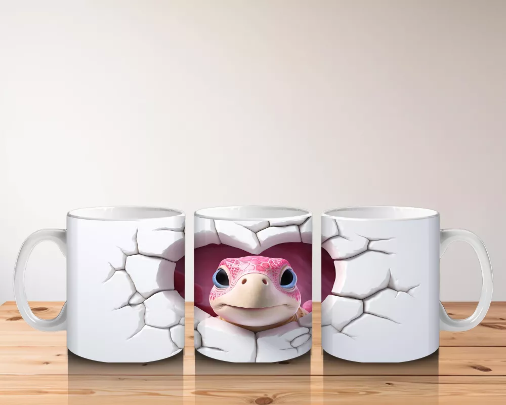 Çatlak Kalpten Bakan Sevimli Kaplumbağa Maskot – Baskılı Kahve Kupası - 5