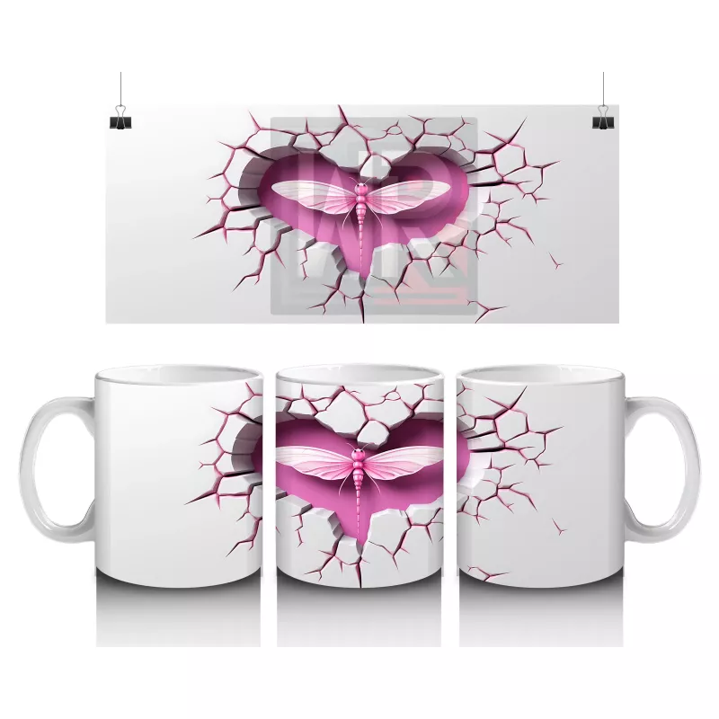 Çatlak Pembe Duvar Üzerinde Kalpli Yusufçuk – Baskılı Kahve Kupası