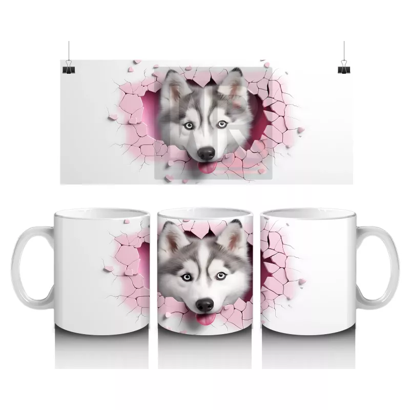 Çatlak Zeminden Bakan Sevimli Husky İllüstrasyonu - Baskılı kahve kupası