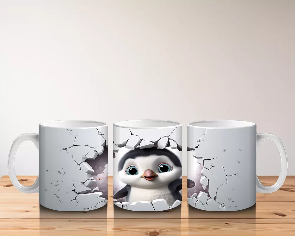 Çatlak Zeminden Bakan Sevimli Penguen İllüstrasyonu - Baskılı kahve kupası - 5