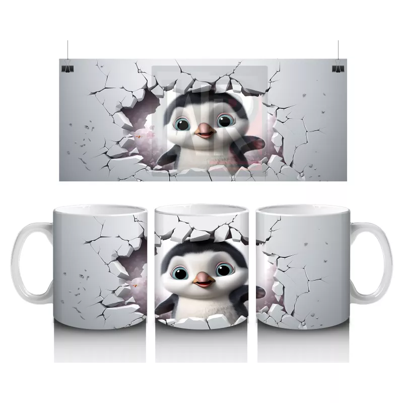 Çatlak Zeminden Bakan Sevimli Penguen İllüstrasyonu - Baskılı kahve kupası