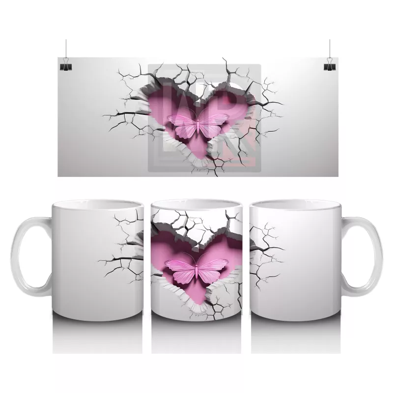 Çatlak Zeminden Yükselen Pembe Kelebek Deseni - Baskılı kahve kupası