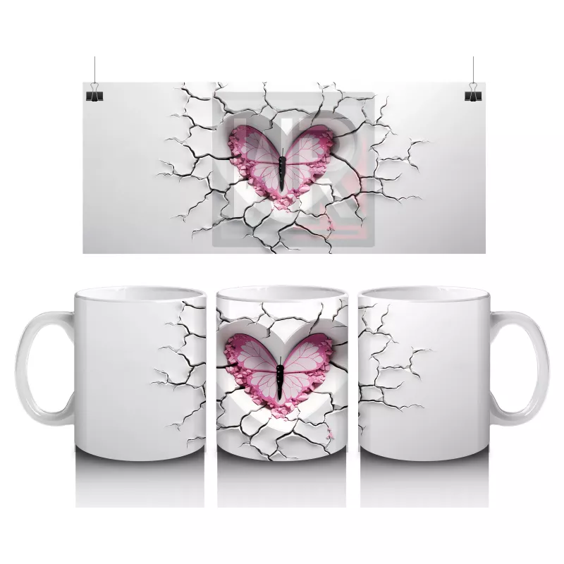 Çatlakta Kalp Figürü İçinde Kelebek Silueti – Baskılı Kahve Kupası