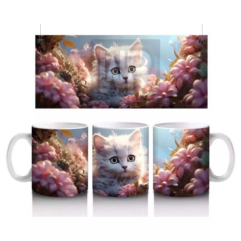 Çiçek Bahçesi Arasında Parlayan Kedi – Baskılı Kahve Kupası