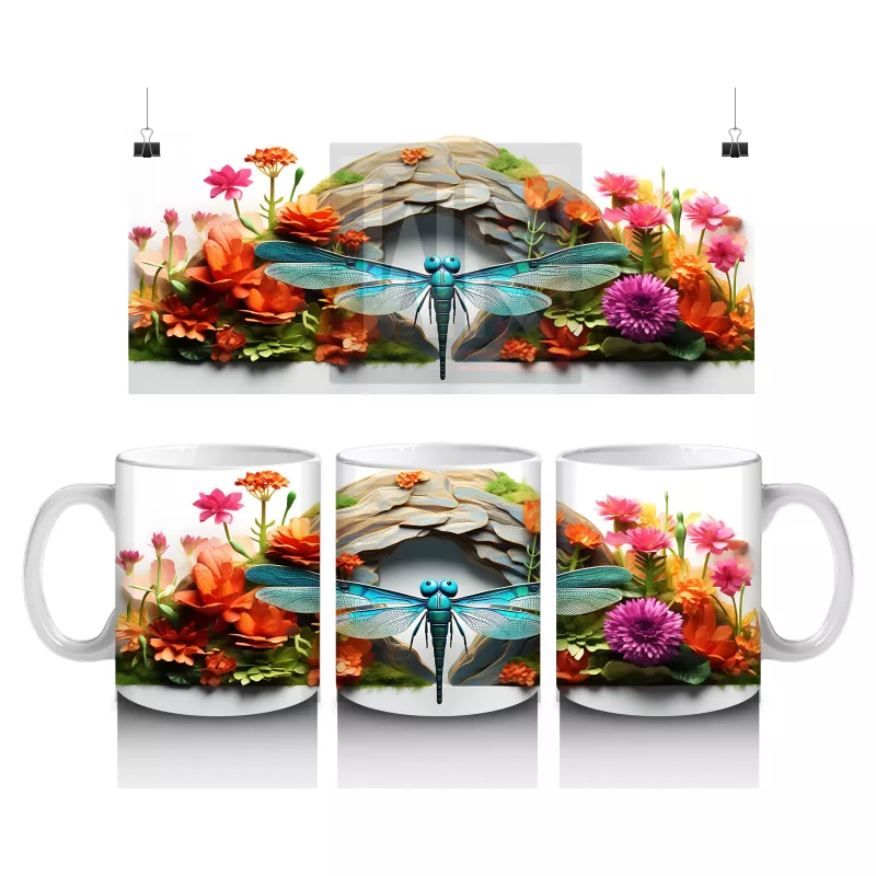 Çiçek Bahçesinde Mavi Kuşlar ve Yusufçuk - Baskılı Kahve Kupası