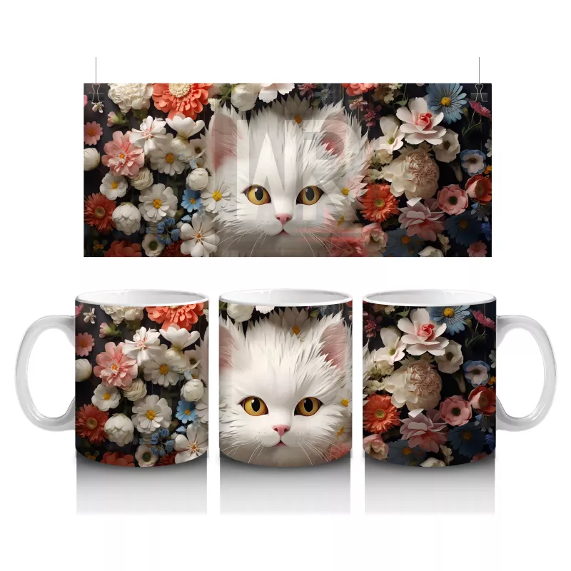 Çiçek Bahçesinde Oturan Pofuduk Beyaz Kedi Kupa Bardak