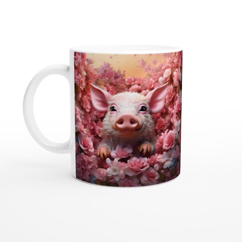 Çiçek Bahçesindeki Sevimli Domuz Temalı Baskılı Kupa Bardak