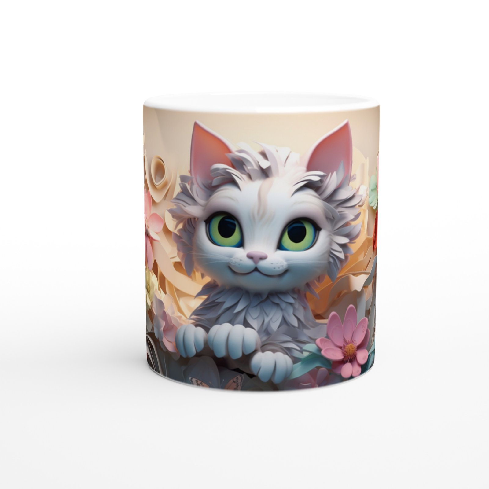Çiçek Bahçesindeki Sevimli Tüylü Kedi Baskılı Kupa Bardak