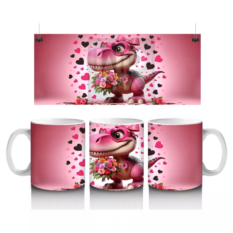 Çiçek Buketi Tutan Dinozor Figürü - Baskılı Kahve Kupası
