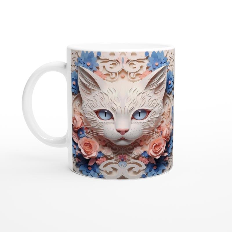 Çiçek Çerçeveli Zarif Kedi Temalı Baskılı Kupa Bardak