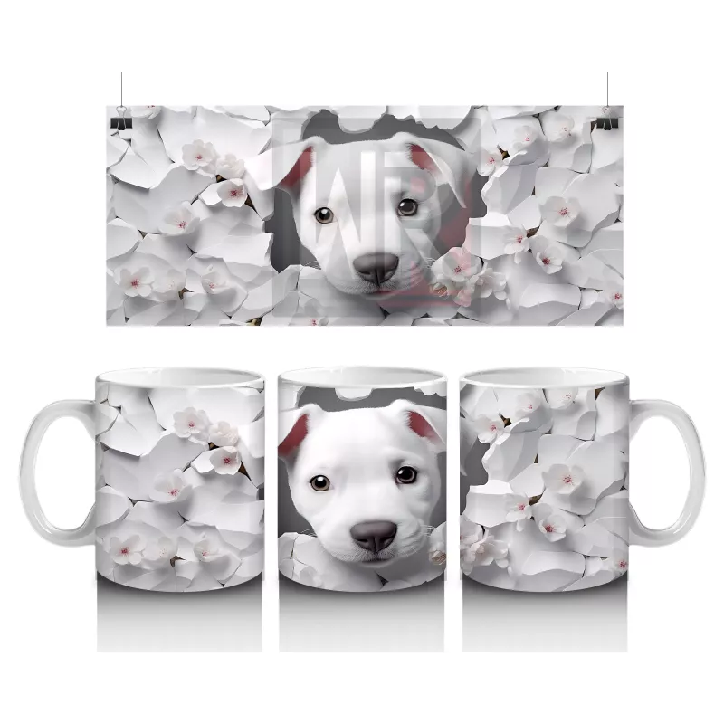 Çiçek Desenli Fon Üzerine Sevimli Beyaz Köpek – Baskılı Kupa