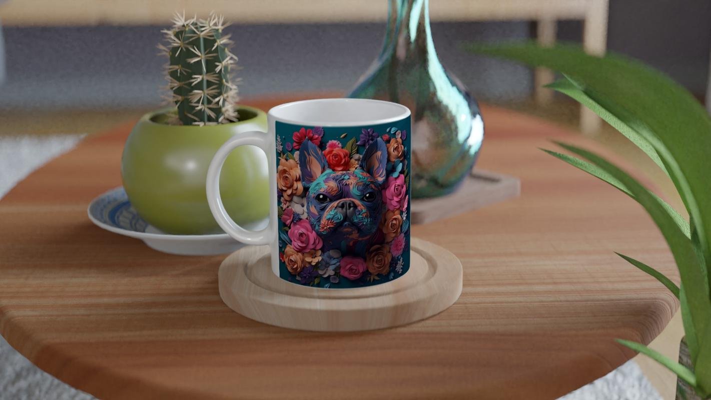 Çiçek Desenli Fransız Bulldog Temalı Baskılı Kupa Bardak - 4