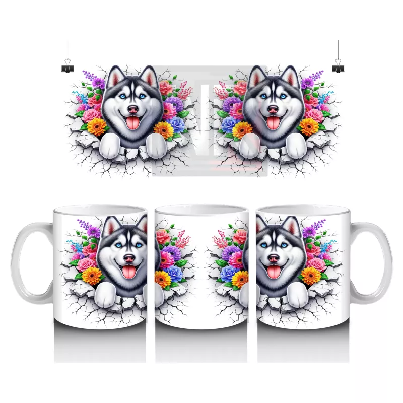 Çiçek Taçlı Gülümseyen Husky Deseni – Baskılı Kahve Kupası
