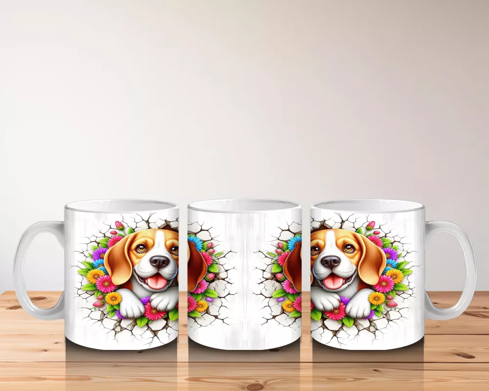 Çiçek Taçlı Neşeli Beagle Çifti – Baskılı Kahve Kupası - 5