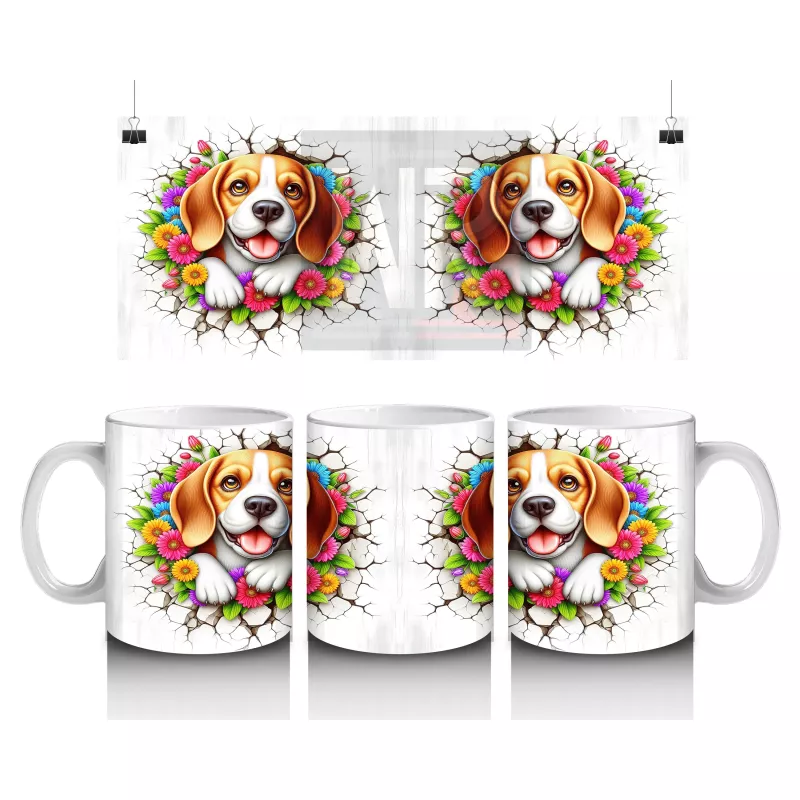 Çiçek Taçlı Neşeli Beagle Çifti – Baskılı Kahve Kupası