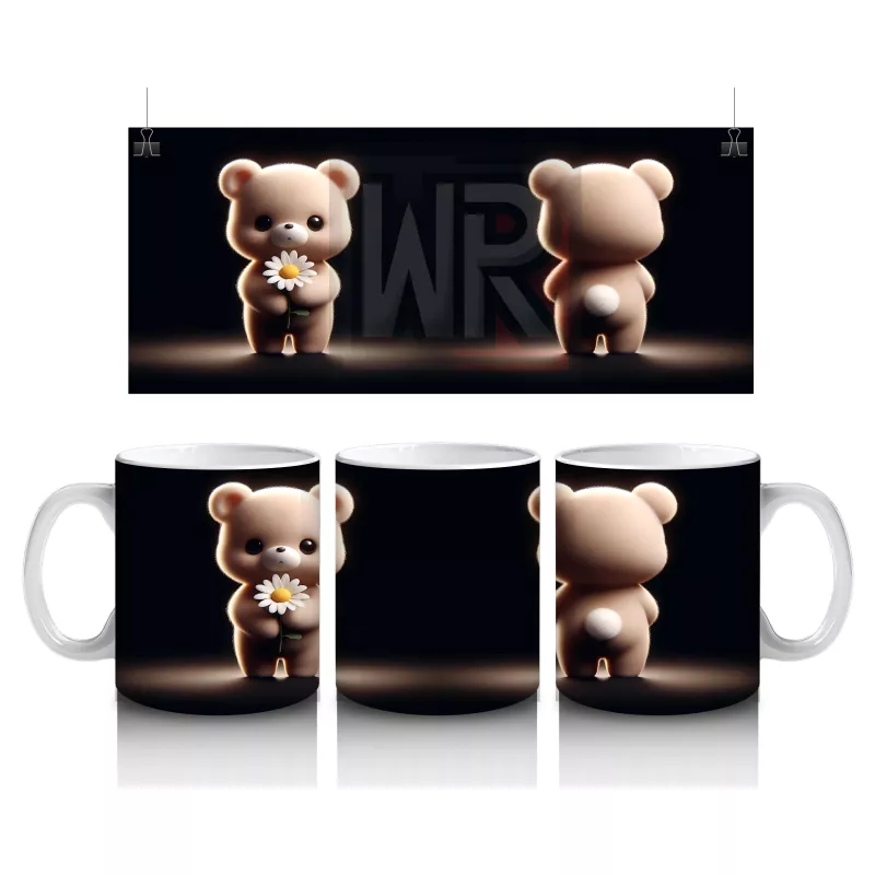 Çiçek Tutan Sevimli Ayıcık Figürü – Baskılı Kahve Kupası