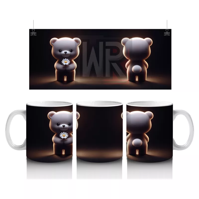 Çiçek Tutan Sevimli Ayıcık Figürü (Ön ve Arka Görünüm) - Baskılı kahve kupası