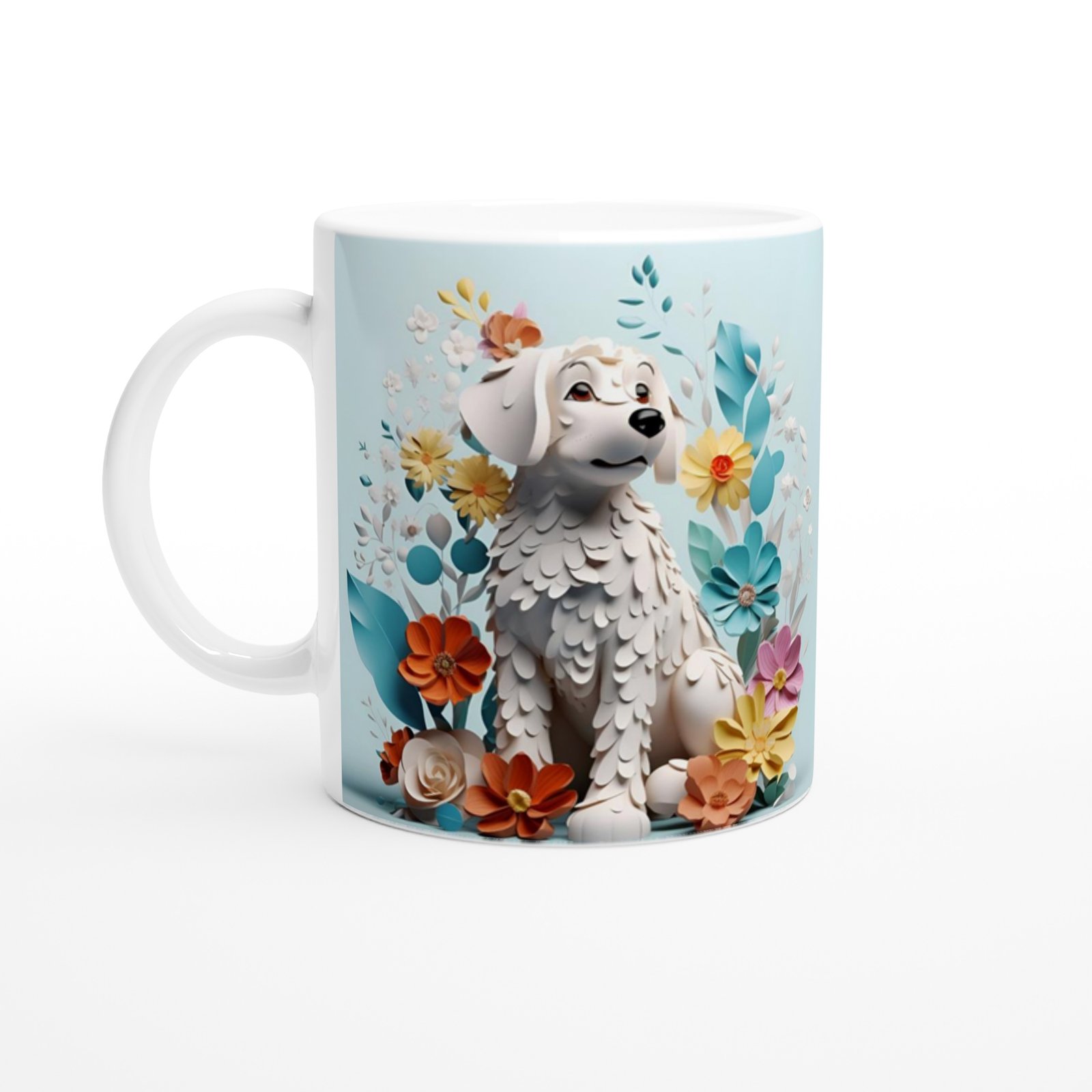 Çiçekler Arasında Beyaz Köpek Temalı Şirin Kupa Bardak