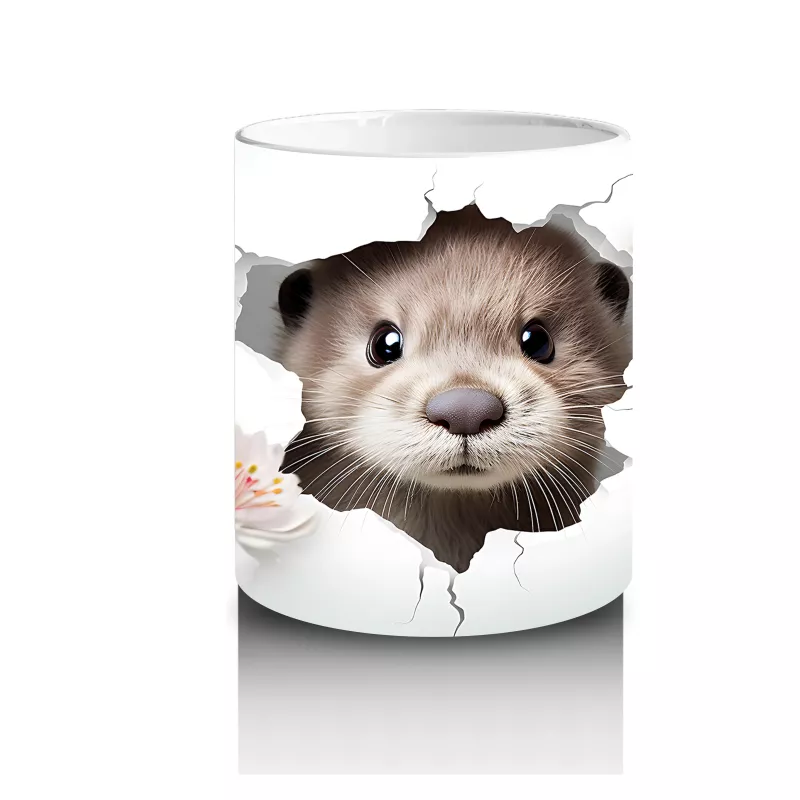 Çiçekler Arasında Duvarı Delen Sevimli Su Samuru - Baskılı Kahve Kupası - 3