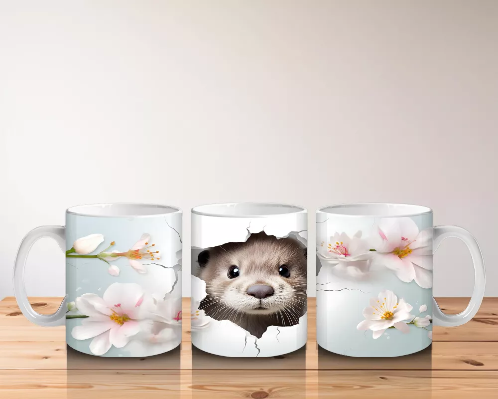 Çiçekler Arasında Duvarı Delen Sevimli Su Samuru - Baskılı Kahve Kupası - 5