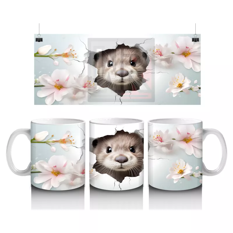 Çiçekler Arasında Duvarı Delen Sevimli Su Samuru - Baskılı Kahve Kupası