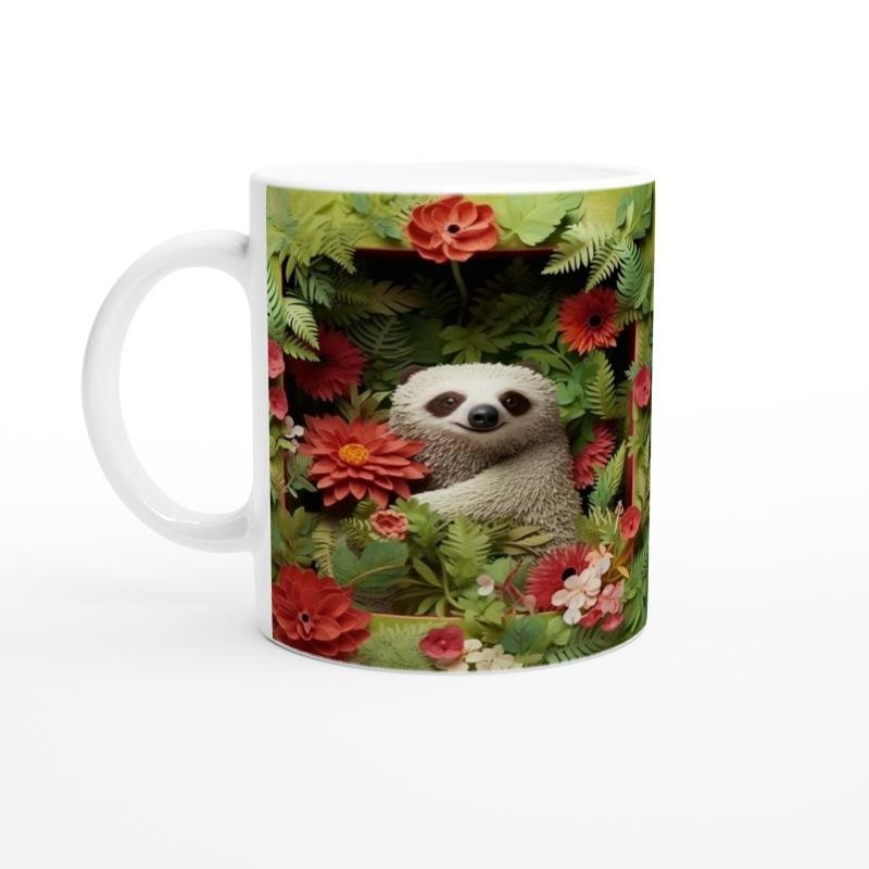 Çiçekler Arasında Gülümseyen Tembel Hayvan Temalı Baskılı Kupa Bardak-2