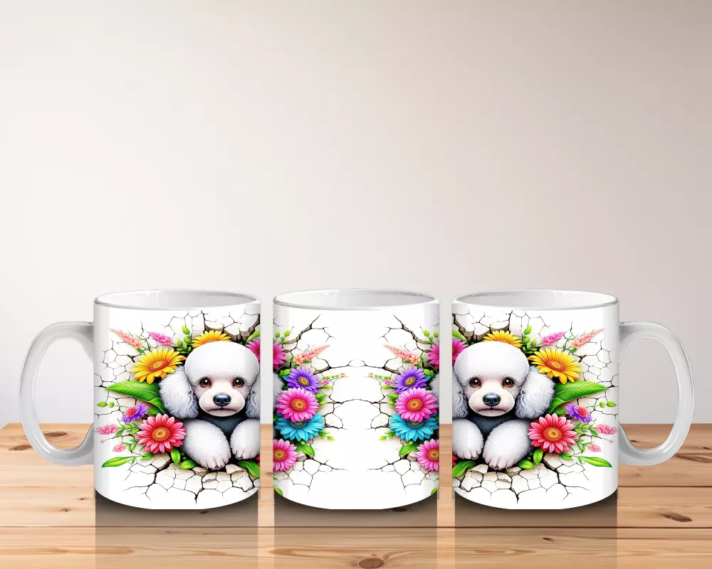 Çiçekler Arasında İkiz Beyaz Yavru Köpekler – Baskılı Kahve Kupası - 5