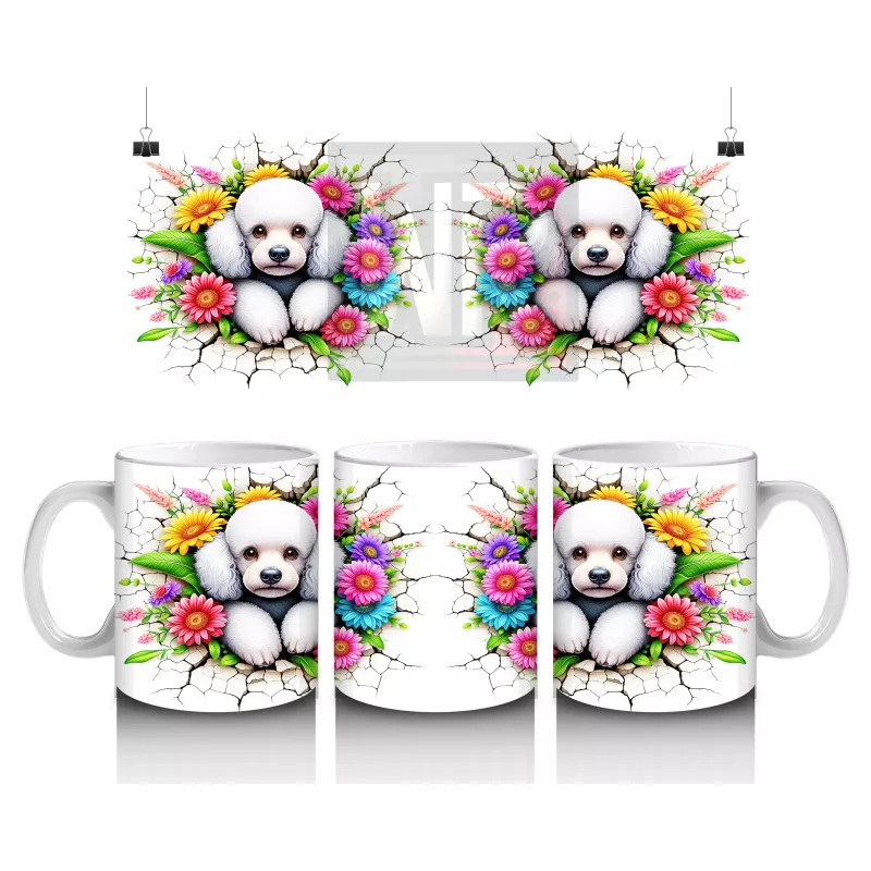 Çiçekler Arasında İkiz Beyaz Yavru Köpekler – Baskılı Kahve Kupası