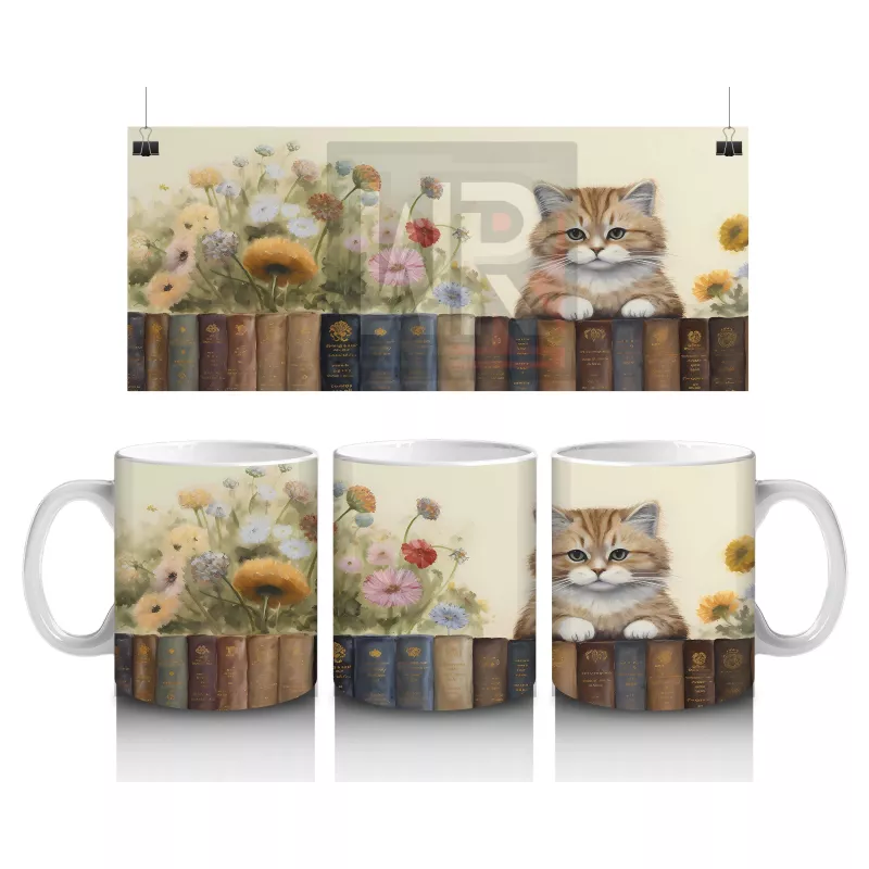 Çiçekler Arasında Kitaplık Üzerine Oturmuş Kedi - Baskılı kahve