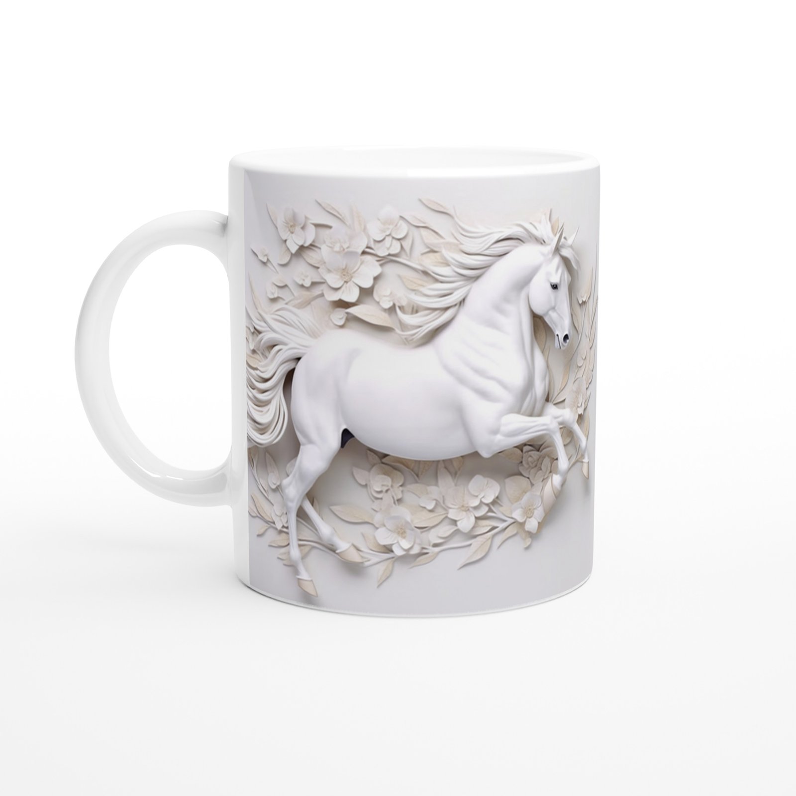 Çiçekler Arasında Koşan Beyaz At Temalı Baskılı Kupa Bardak