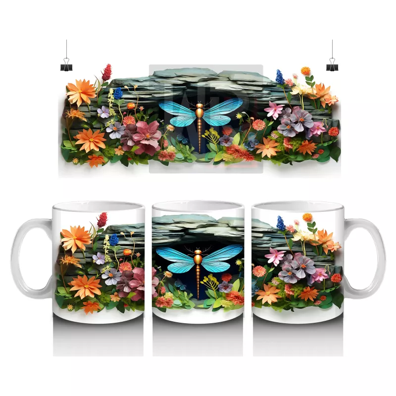 Çiçekler Arasında Mavi Yusufçuk Kompozisyonu - Baskılı kahve kupası