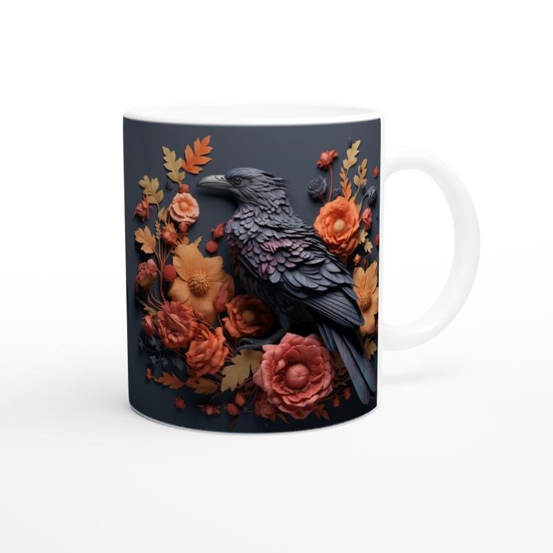 Çiçekler Arasında Mor Tüyleriyle Karga Temalı Baskılı Kupa Bardak - 3