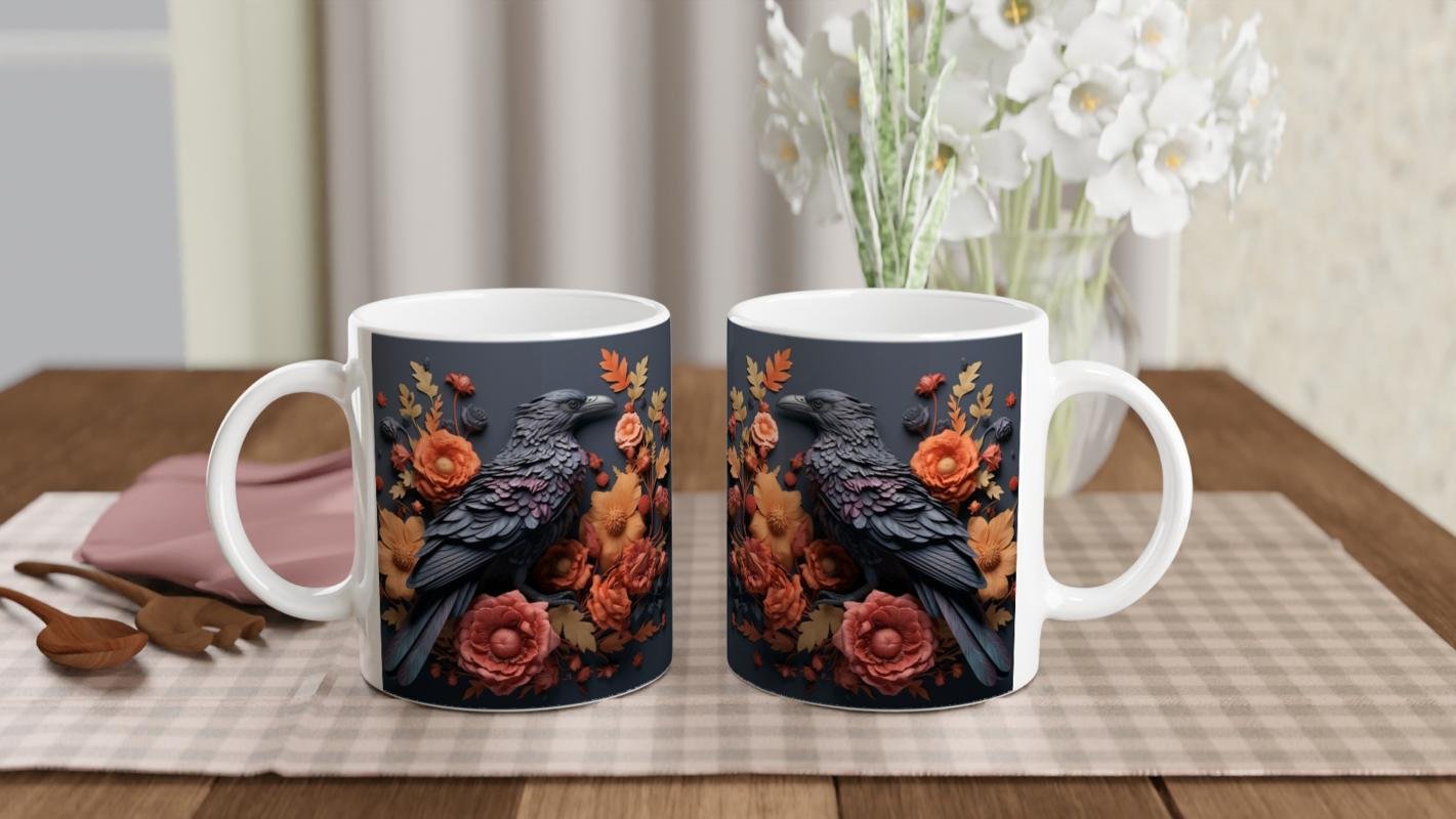 Çiçekler Arasında Mor Tüyleriyle Karga Temalı Baskılı Kupa Bardak - 5