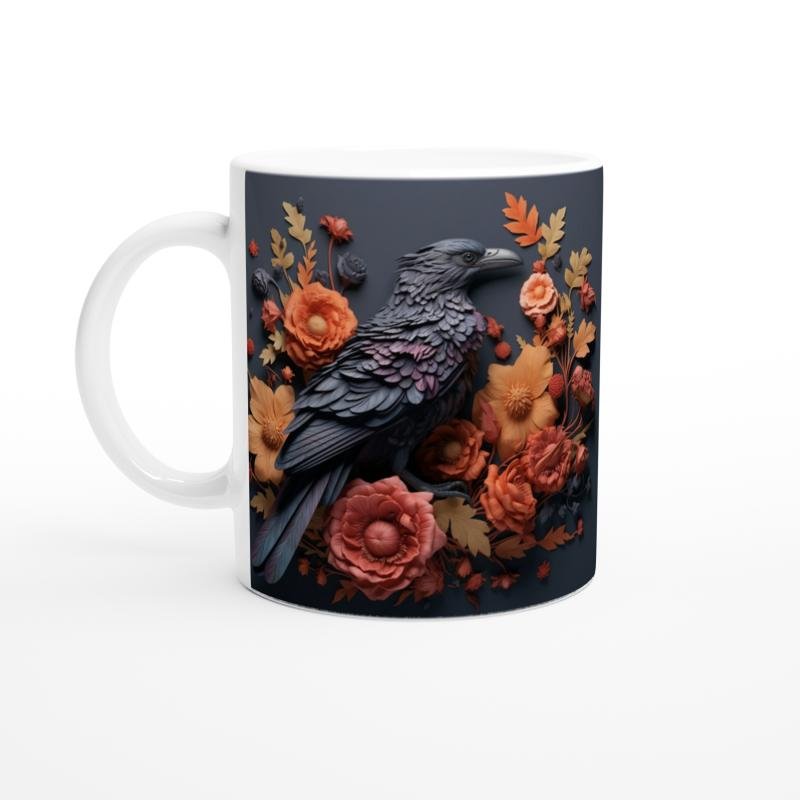 Çiçekler Arasında Mor Tüyleriyle Karga Temalı Baskılı Kupa Bardak