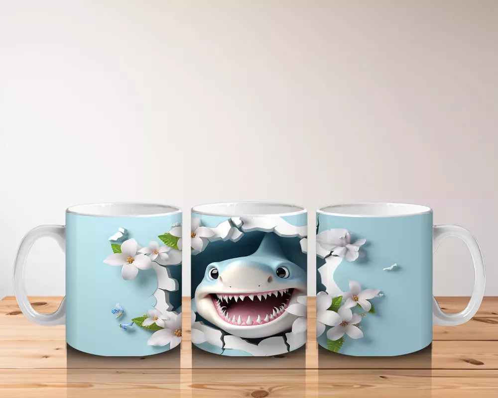 Çiçekler Arasında Neşeli Köpekbalığı – Baskılı Kahve Kupası - 5