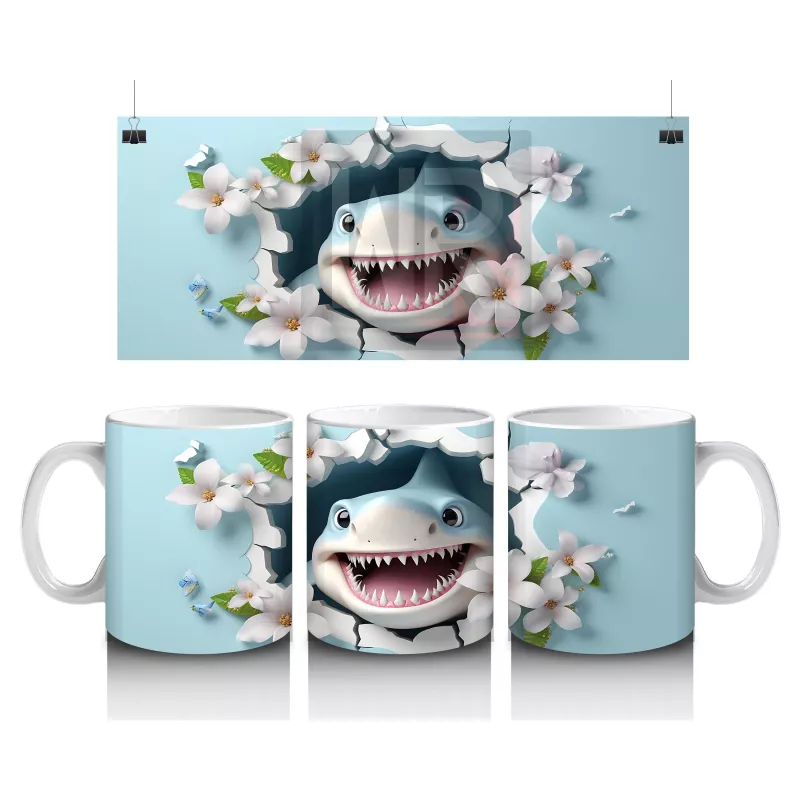 Çiçekler Arasında Neşeli Köpekbalığı – Baskılı Kahve Kupası