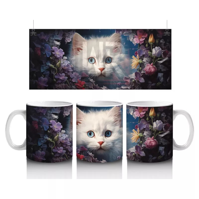 Çiçekler Arasında Oturan Beyaz Yavru Kedi – Baskılı Kahve Kupası