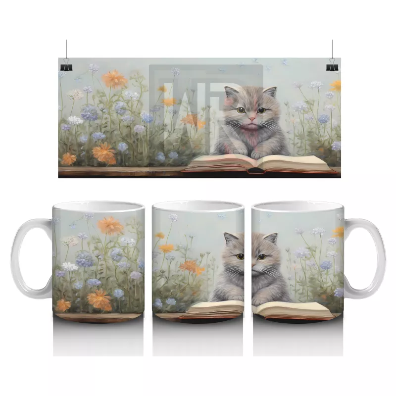 Çiçekler Arasında Oturan Gri Kedi – Baskılı Kahve Kupası