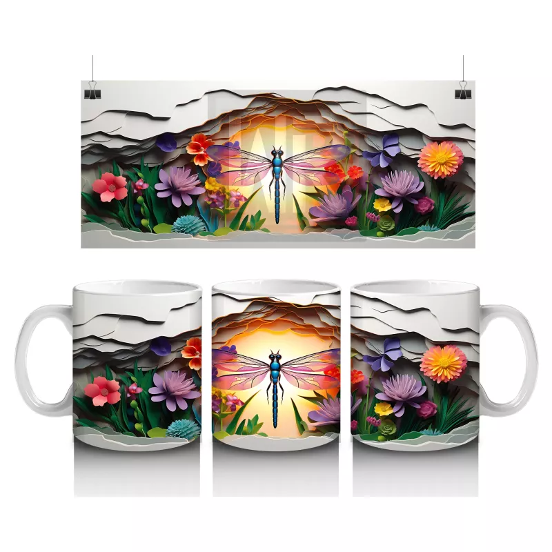 Çiçekler Arasında Parlayan Gün Batımı ve Kelebek – Baskılı Kahve Kupası