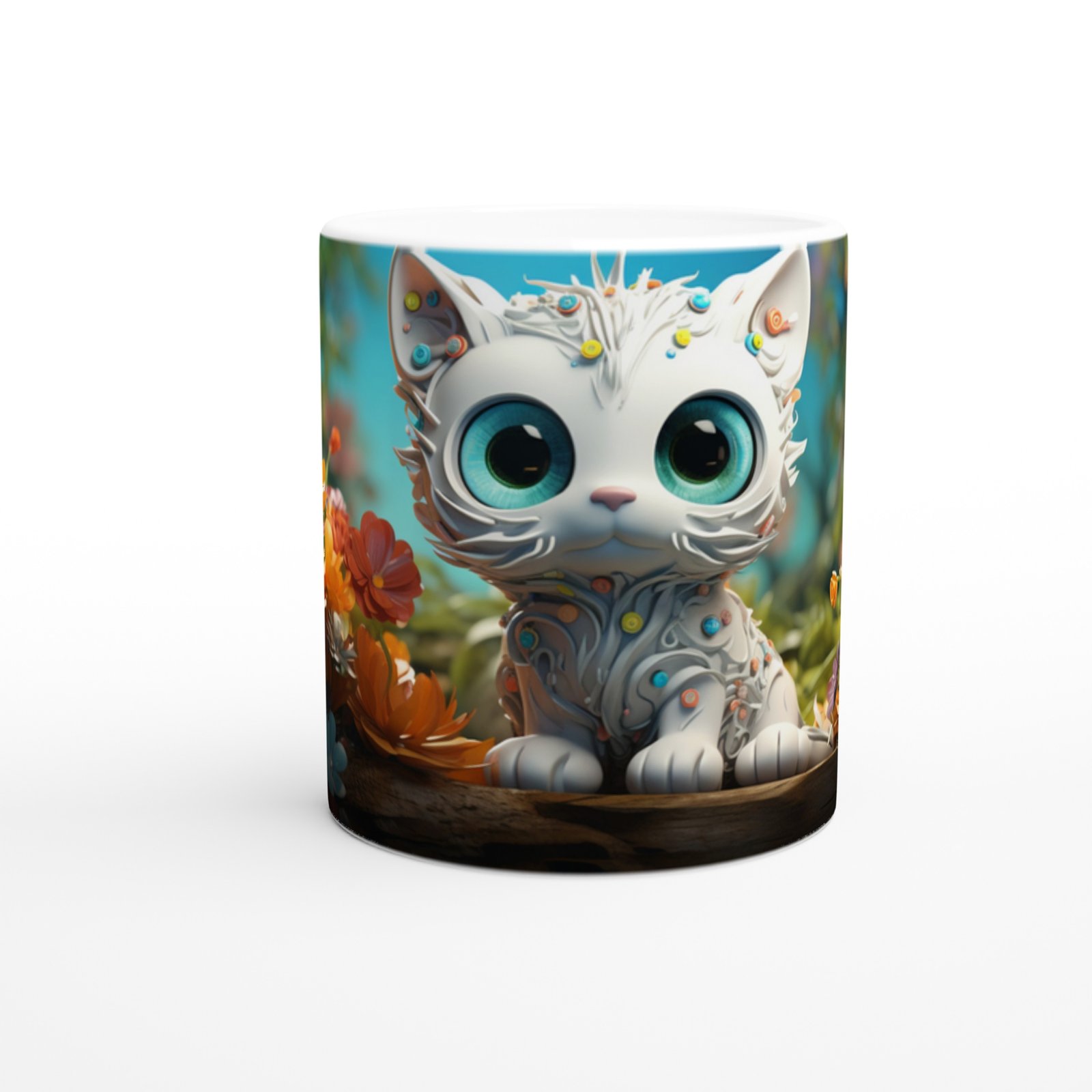 Çiçekler Arasında Parlayan Sevimli Kedi Temalı Baskılı Kupa Bardak