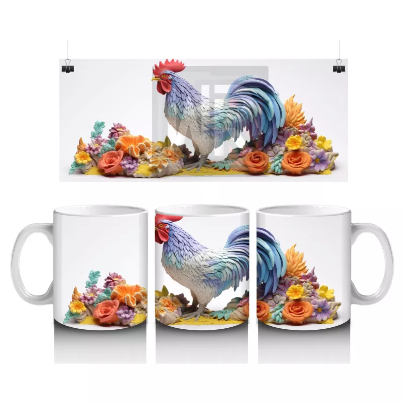 Çiçekler Arasında Renkli Horoz – Baskılı Kahve Kupası