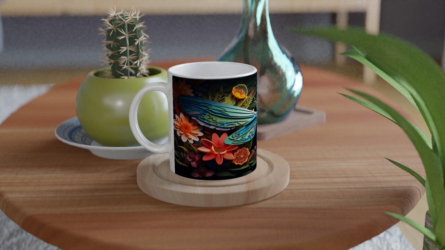 Çiçekler Arasında Renkli Yusufçuk Temalı Baskılı Kupa Bardak - 4