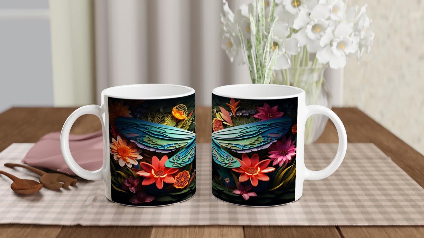 Çiçekler Arasında Renkli Yusufçuk Temalı Baskılı Kupa Bardak - 5