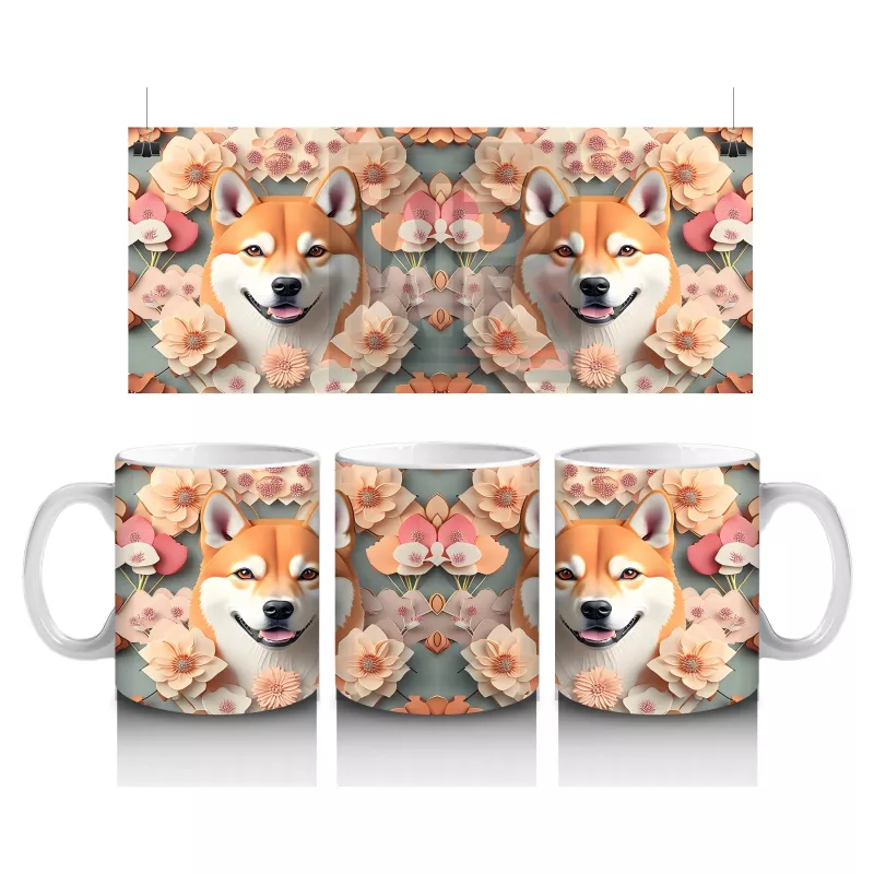Çiçekler Arasında Sevimli Shiba İnu Çifti – Baskılı Kahve Kupası
