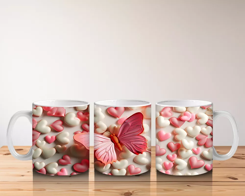 Çiçekler Arasında Uçuşan Kelebek Kompozisyonu – Baskılı Kahve Kupası - 5